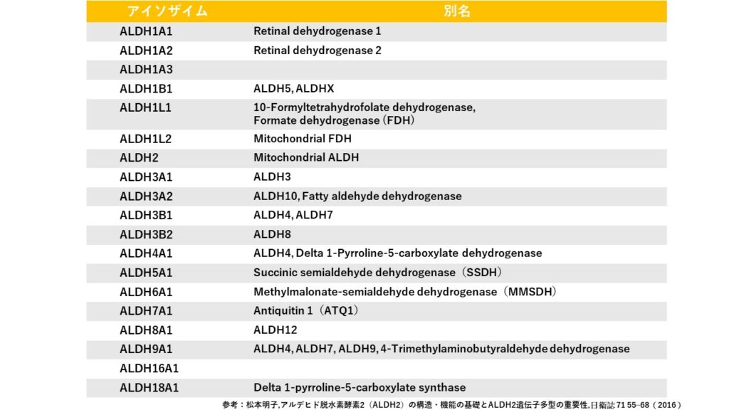 ALDH（アルデヒド脱水素酵素）のアイソザイムの種類